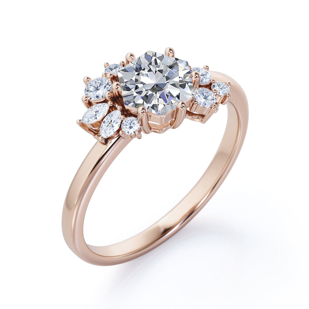 Floral art deco 1.15 carat Hexagon Shaped Moissanite and diamonds artisan engagement ring in Black gold
