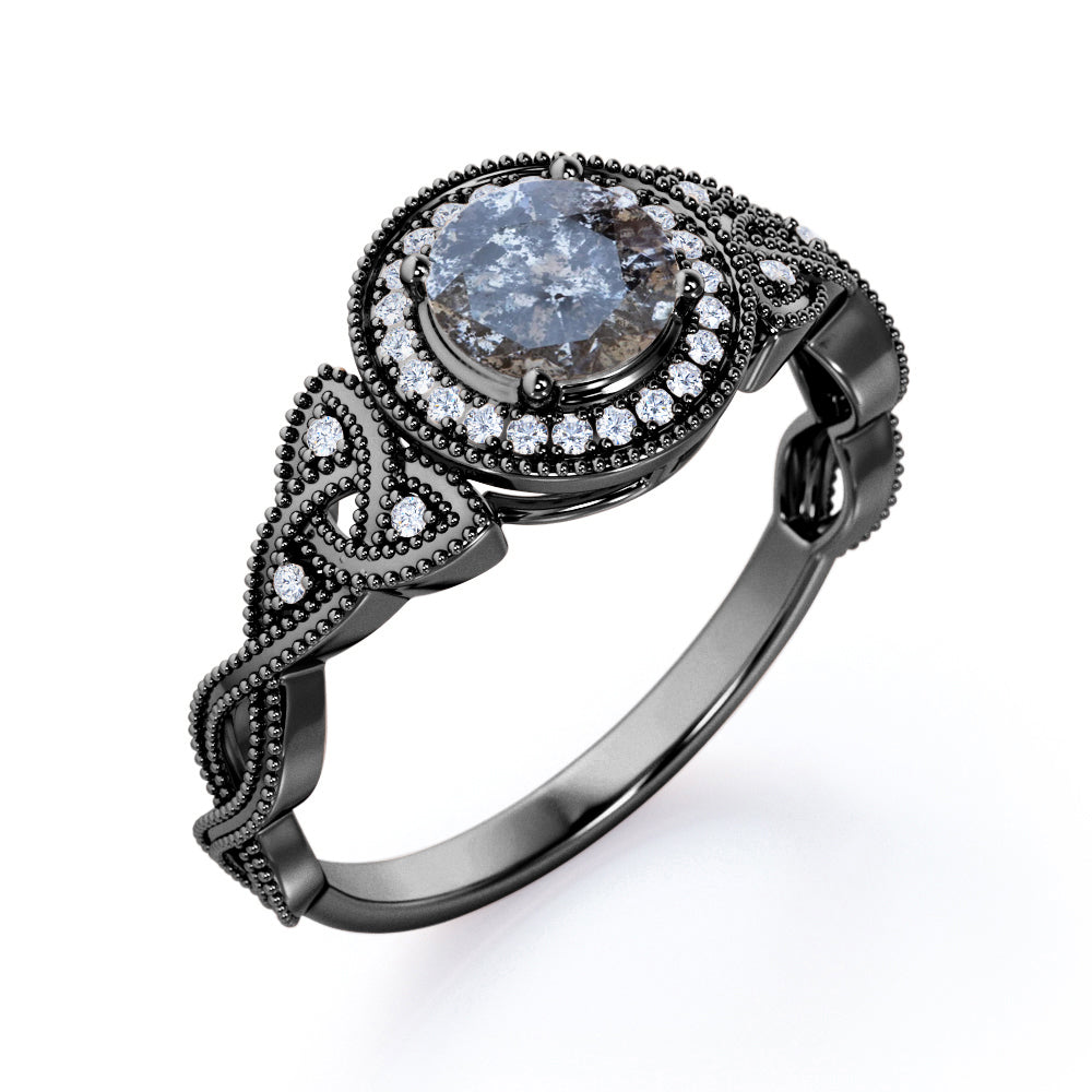 Twisted Vine inspired 0.75 carat Round cut Salt and pepper diamond and White diamond classic halo engagement ring in White gold