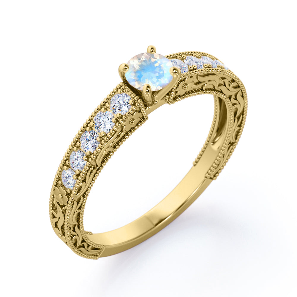 Art deco Cathedral 1.25 carat Round cut Blue Moonstone and diamond Milgrain and Filigree engagement ring in White gold