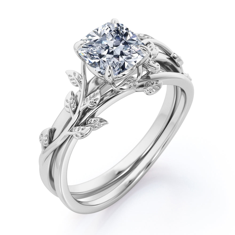 Twist Branch design 1 carat cushion cut Moissanite leaf wedding ring set in White gold