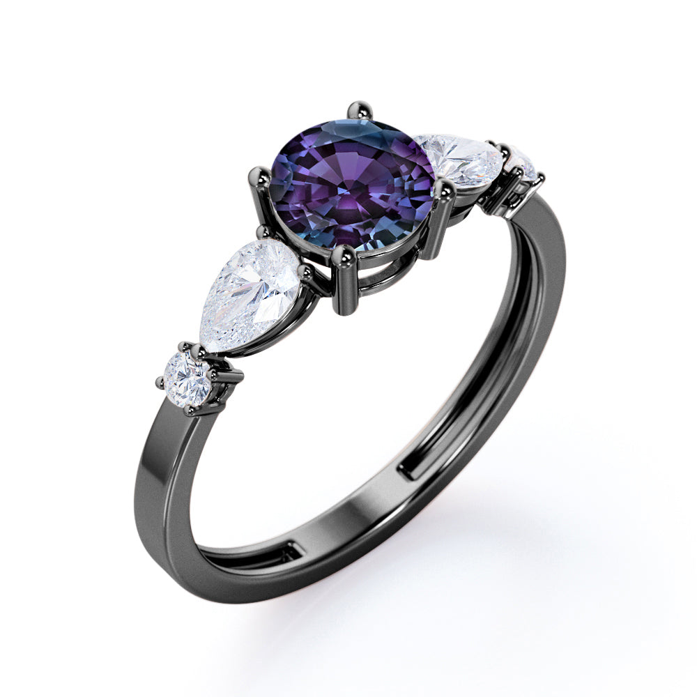 Contemporary 1.1 carat Round cut Alexandrite and diamond five stone engagement ring for her in Rose gold