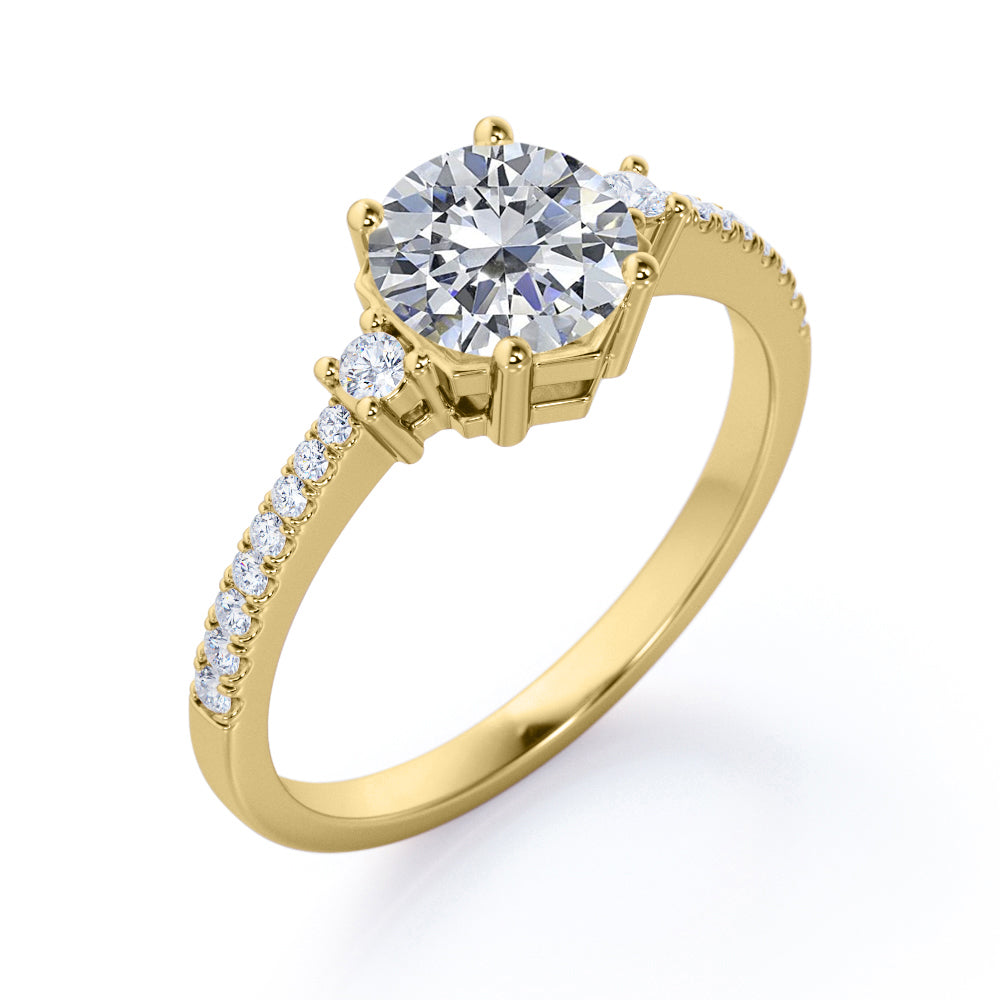 Antique Pave set 1.25 carat Round cut Moissanite and diamond 3 stone engagement ring in White gold