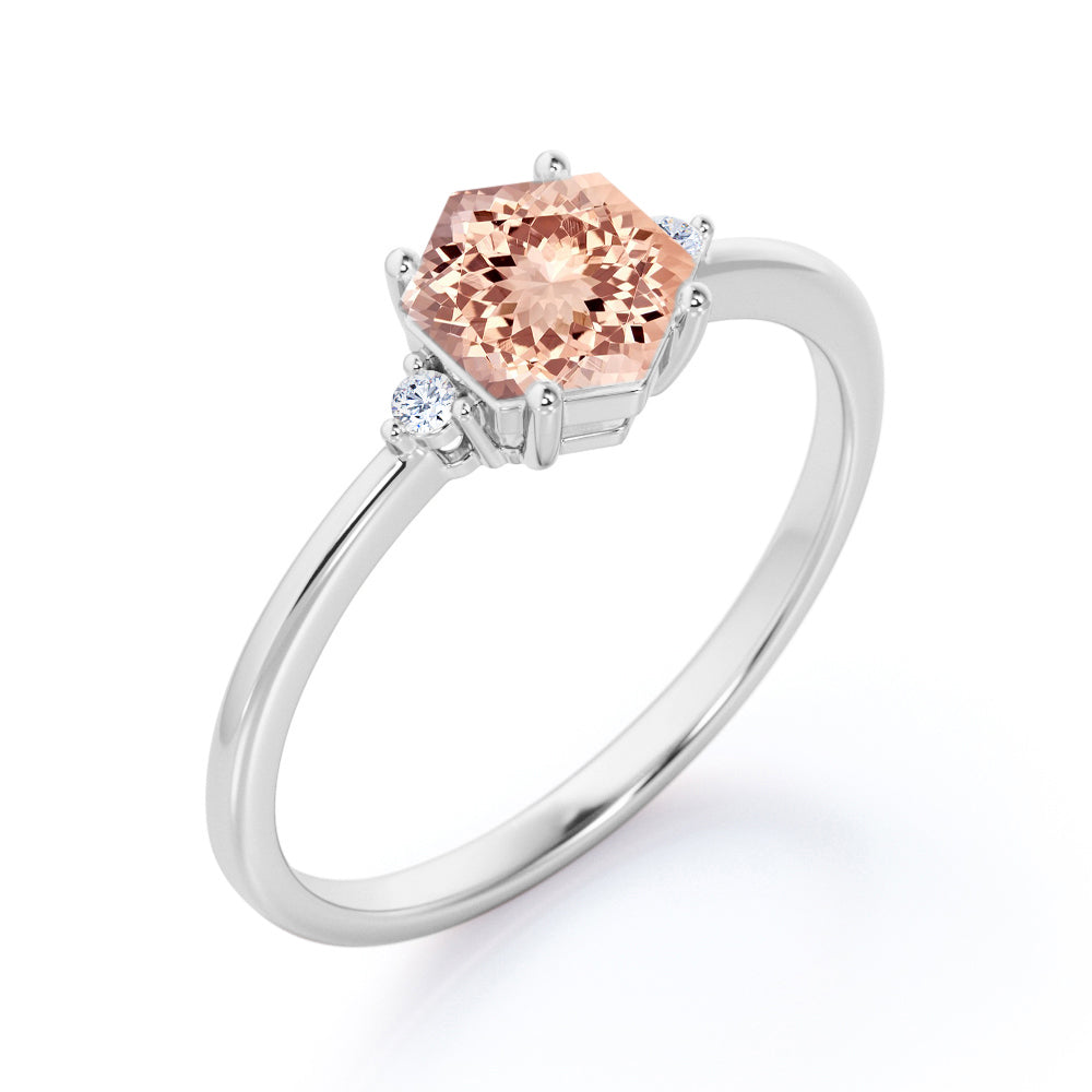 Asymmetrical Trilogy 0.55 carat Hexagon Morganite and diamond 3 stone engagement ring in Rose gold