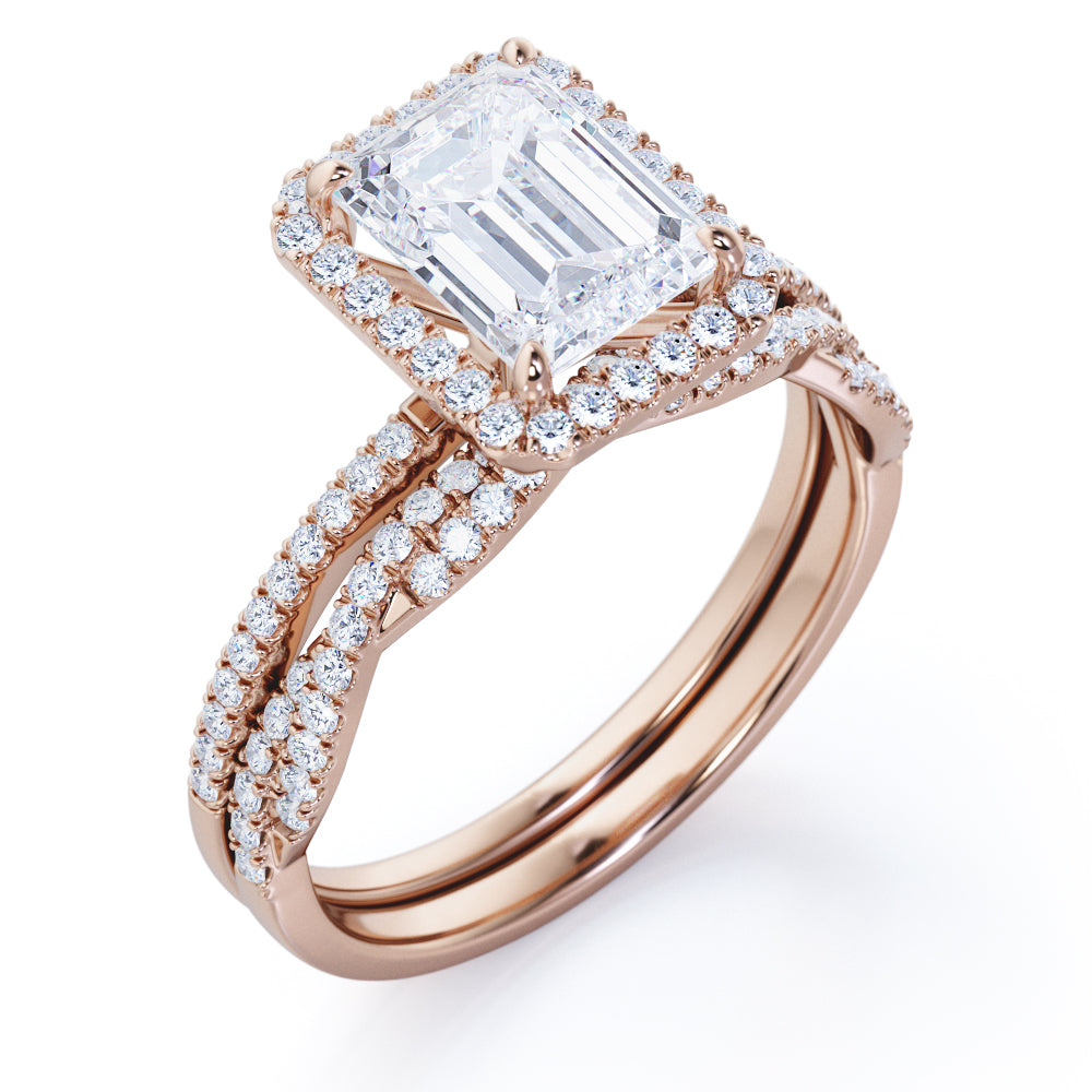 Unique pave set 1.7 carat Emerald cut Moissanite and diamond Halo wedding ring set in white gold