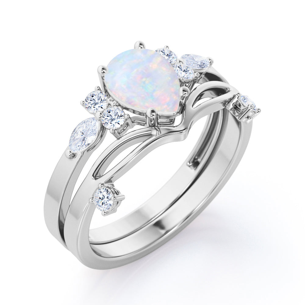 Mid century-Modern inspired 1.35 carat Pear cut Opal and diamond vintage art deco bridal set for her in White gold