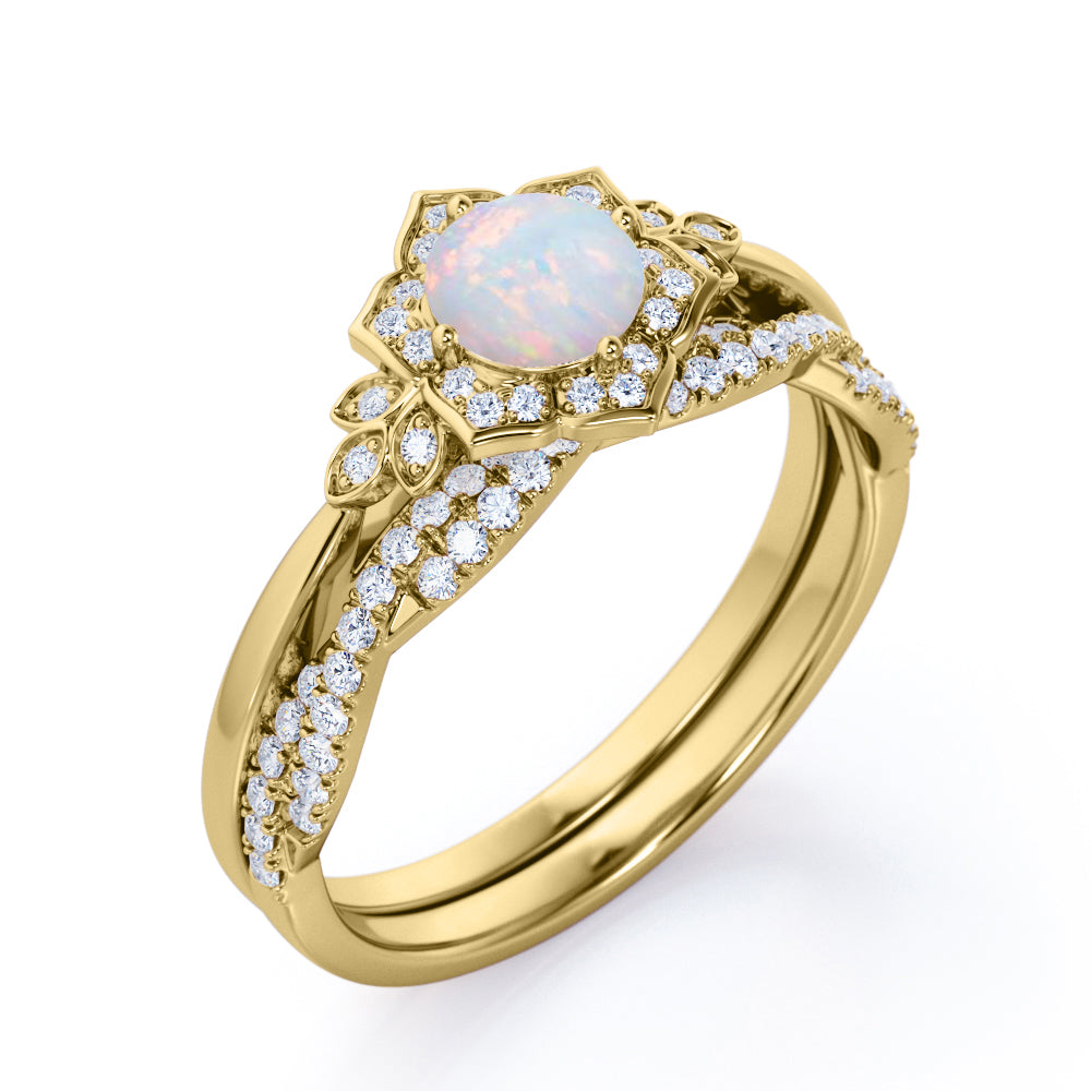 Art deco inspired 1.5 carat Round cut Ethiopian Opal and diamond Floral halo Wedding Bridal set in White gold