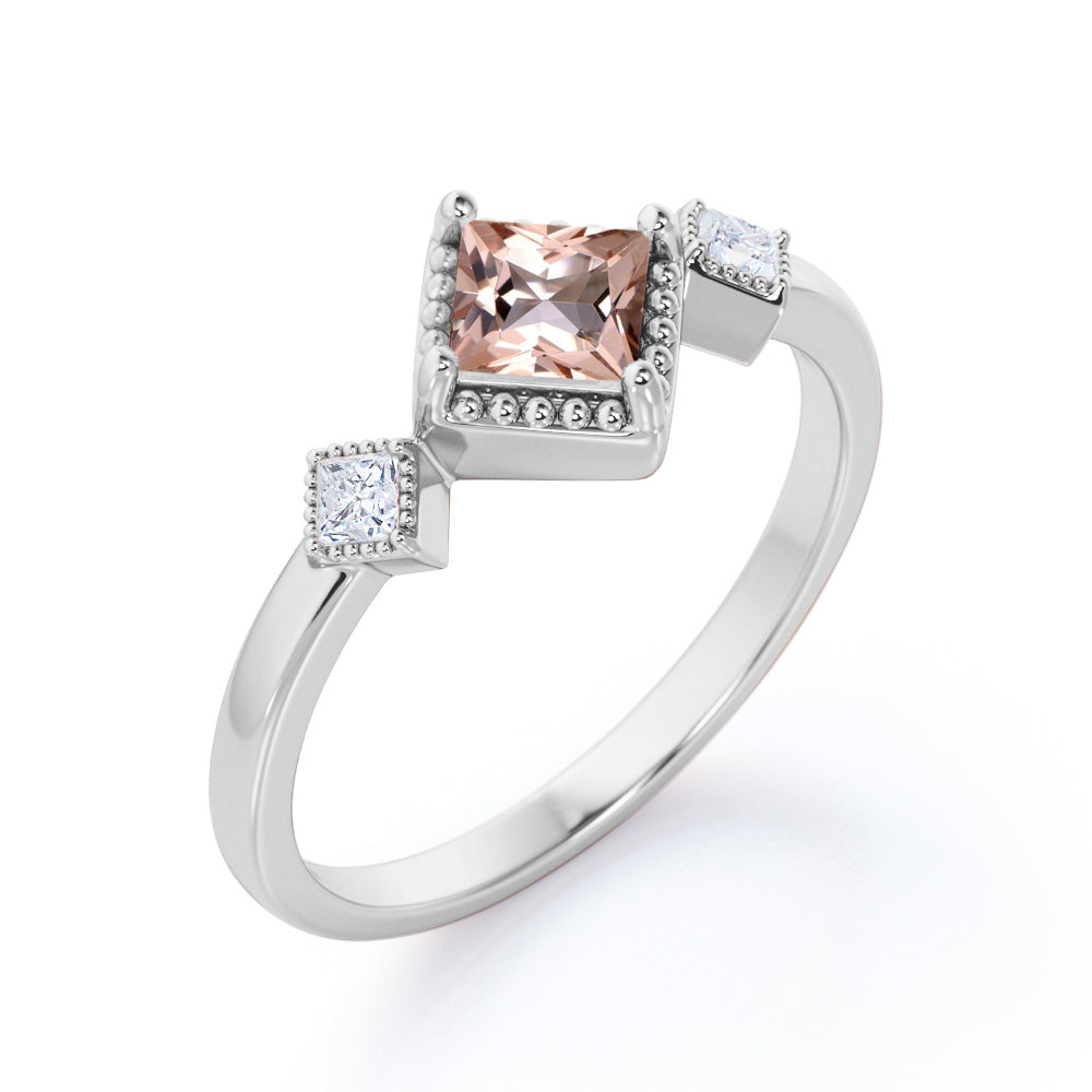 Vintage style 1.1 carat Princess cut Peach Morganite and diamond three stone Milgrain ring for women- Engagement ring in White gold