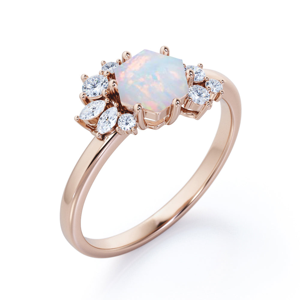 Artistic modern 1.2 carat Hexagon shape Ethiopian Opal and diamond Bridal set for women in White gold
