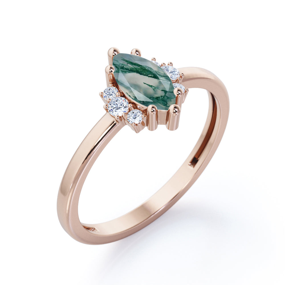 Floral 7 stones 1.25 carat Moss Agate and diamond engagement ring in Black gold