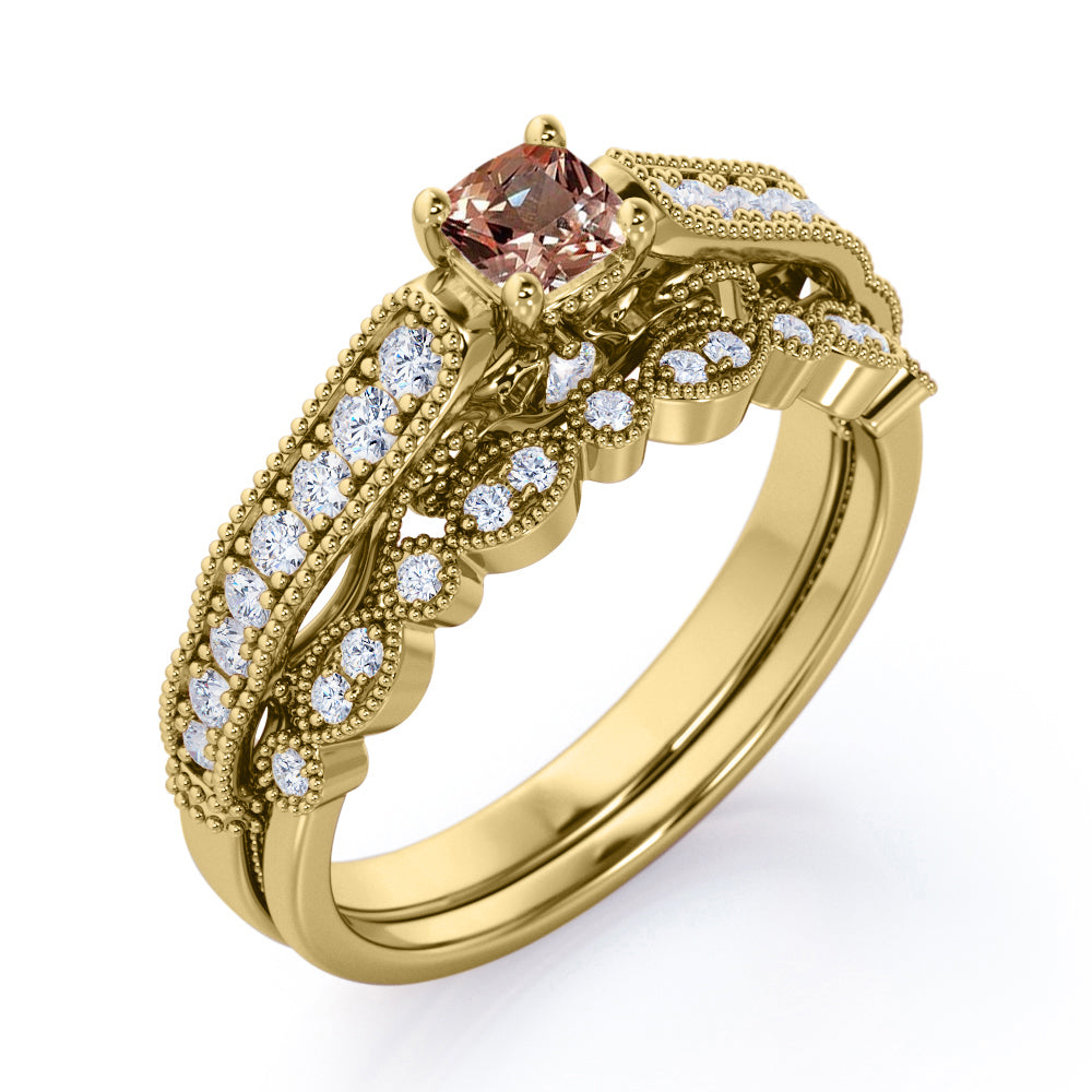 Milgrain Bead Scrollwork 0.75 carat Round cut Peach Morganite and diamond cathedral style wedding ring set in Rose gold
