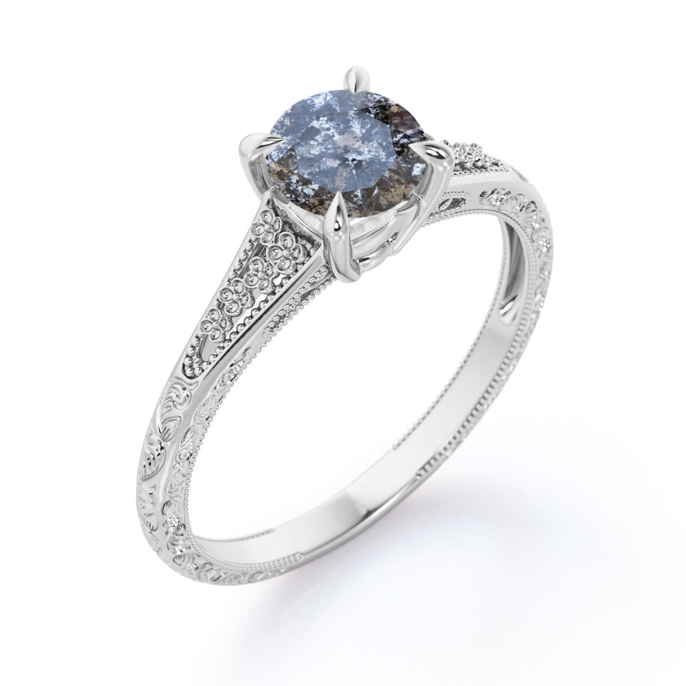Floral Split Shank 0.5 carat Round cut Salt and pepper diamond earthy engagement ring in Rose gold