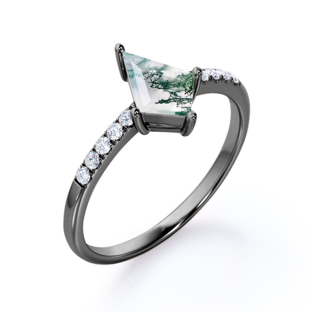 Classic Pave 1.2 carat Kite shaped Moss Green Agate and diamond 4 prong engagement ring in White gold