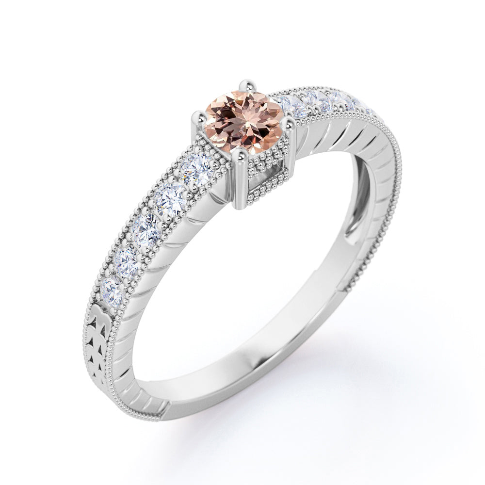 Art deco Milgrain 0.75 carat Round cut Peach Morganite and diamond basket set engagement ring in Rose gold-Anniversary rings