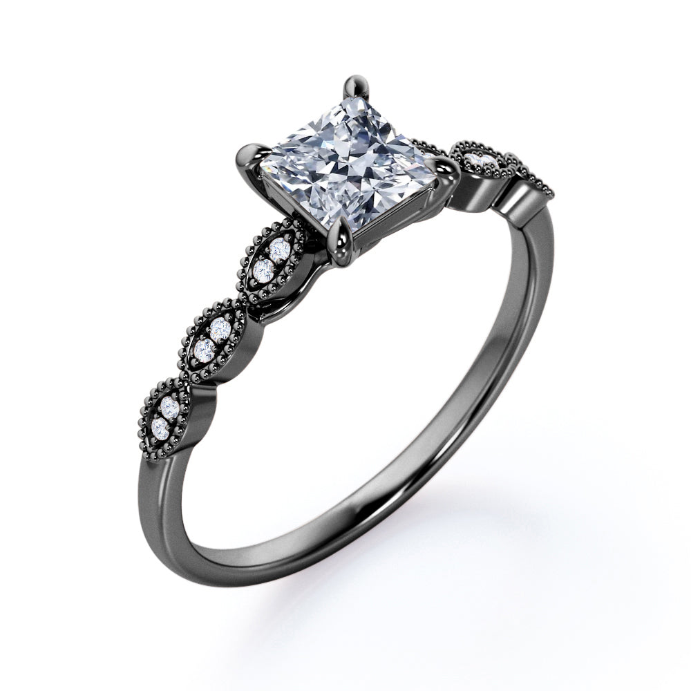 Claw prong setting 1.15 carat Princess cut Moissanite and diamond bead décor engagement ring in White gold
