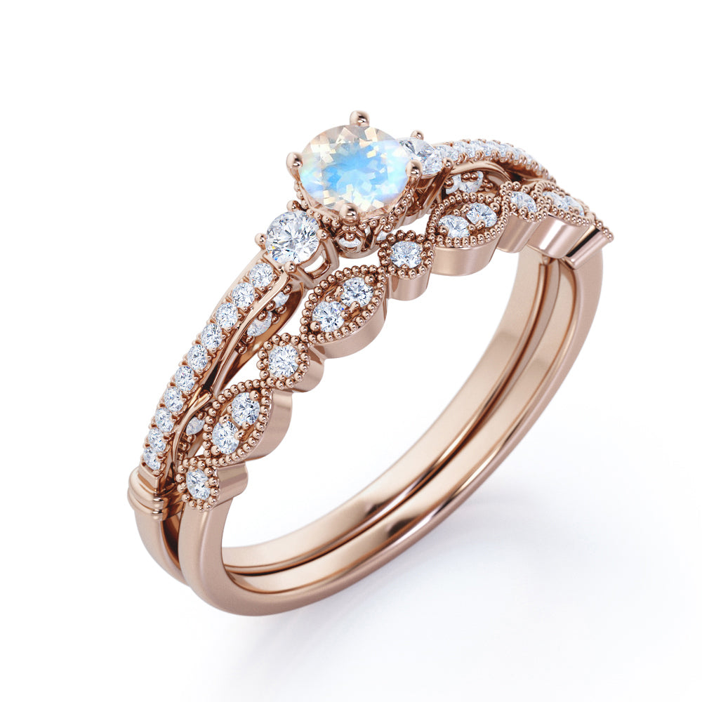 Traditional Eternity setting 1 carat Round cut Rainbow Moonstone and diamond three stone wedding ring set for women in Yellow gold