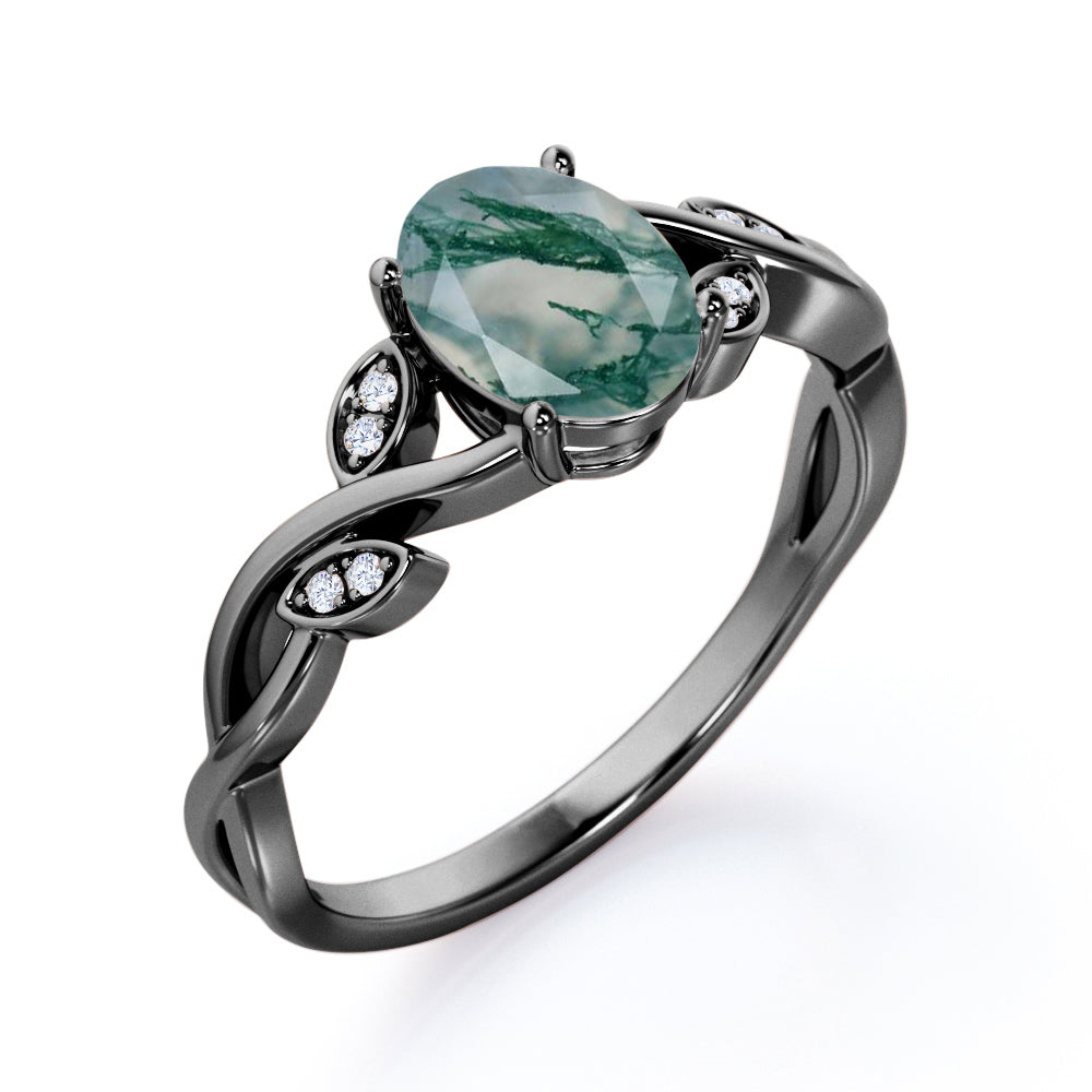 Floral Infinity 1.15 carat Oval cut Moss Green Agate and diamond vine and leaf engagement ring in White gold