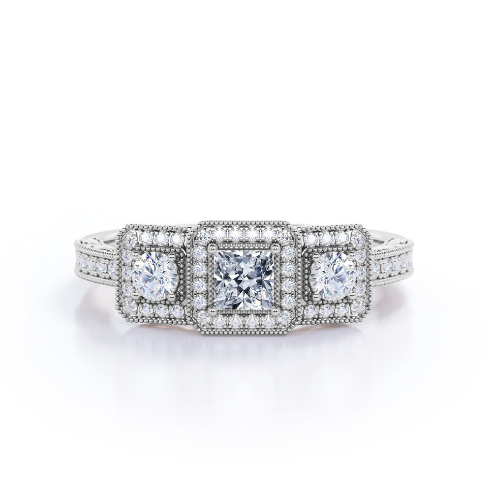 Grandiose three stone 1.55 carat Princess cut Moissanite and diamond vintage art deco Bridal set in White gold