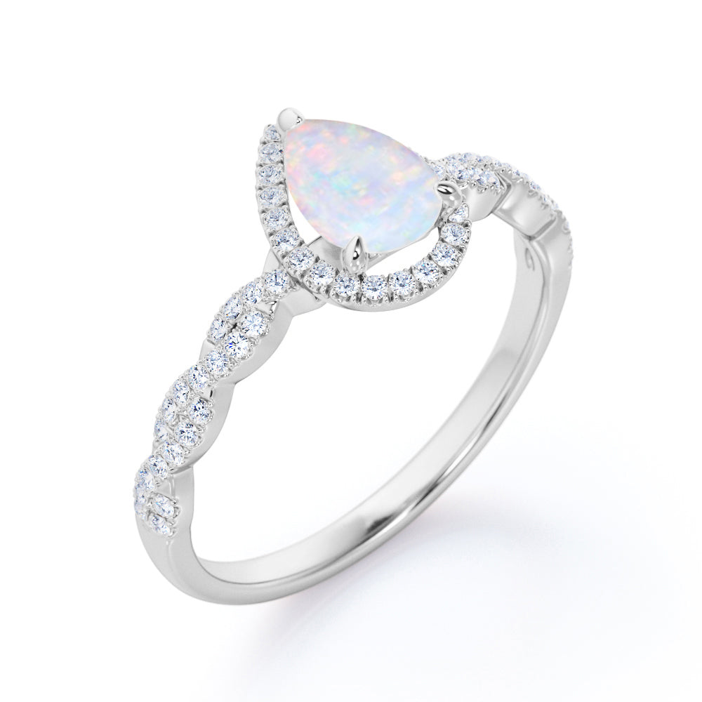 Antique infinity 1.5 carat Pear cut Australian Boulder Opal and diamond halo engagement ring in White gold