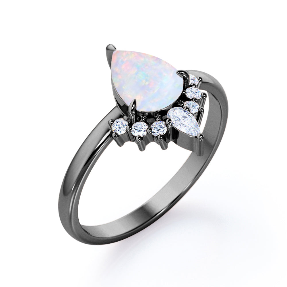 Antique Crown inspired 1.15 carat Pear cut Ethiopian Opal and diamond claw prong setting engagement ring in Rose gold