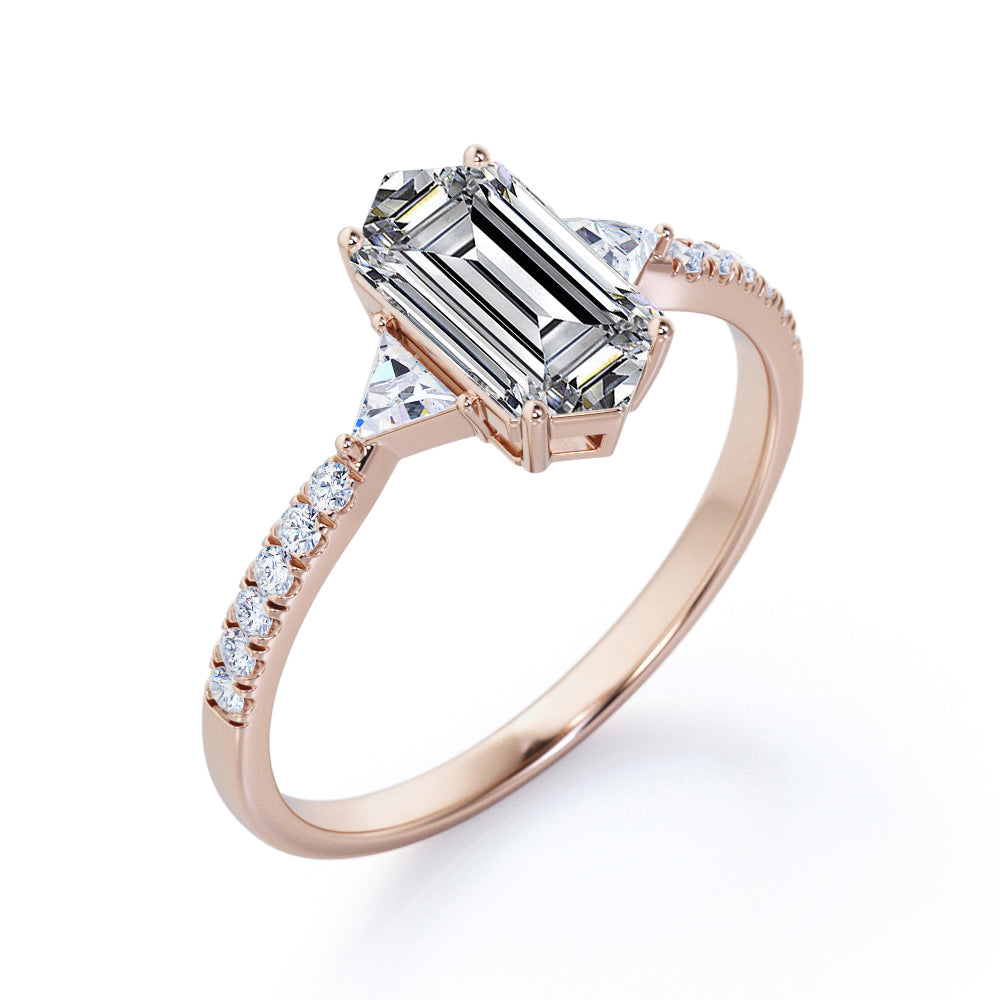 Trillion trinity 1.25 carat Hexagonal Moissanite and diamond 4 prong engagement ring in White gold