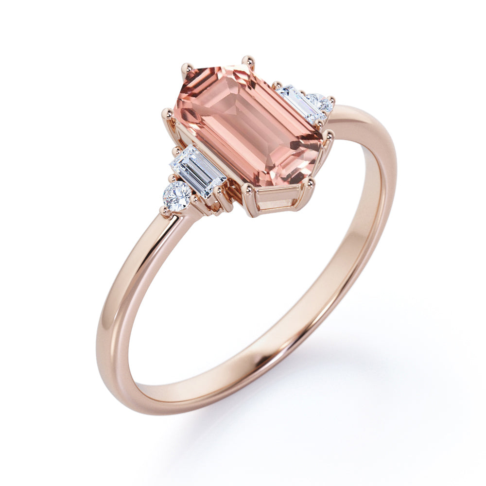 Lovely 5 stones 1.1 carat Hexagon Shaped Morganite and diamond tapered shank engagement ring in White gold