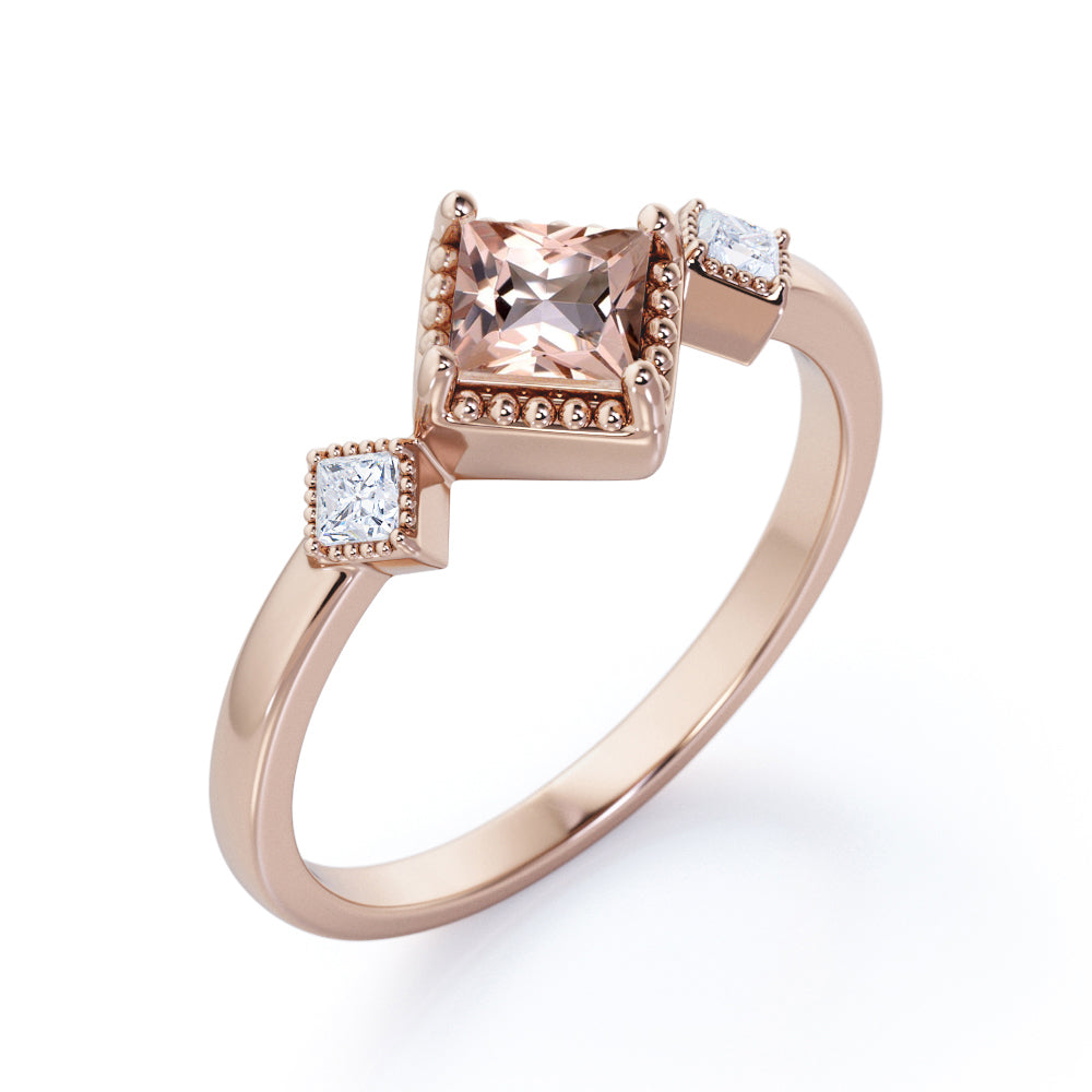 Vintage style 1.1 carat Princess cut Peach Morganite and diamond three stone Milgrain ring for women- Engagement ring in White gold