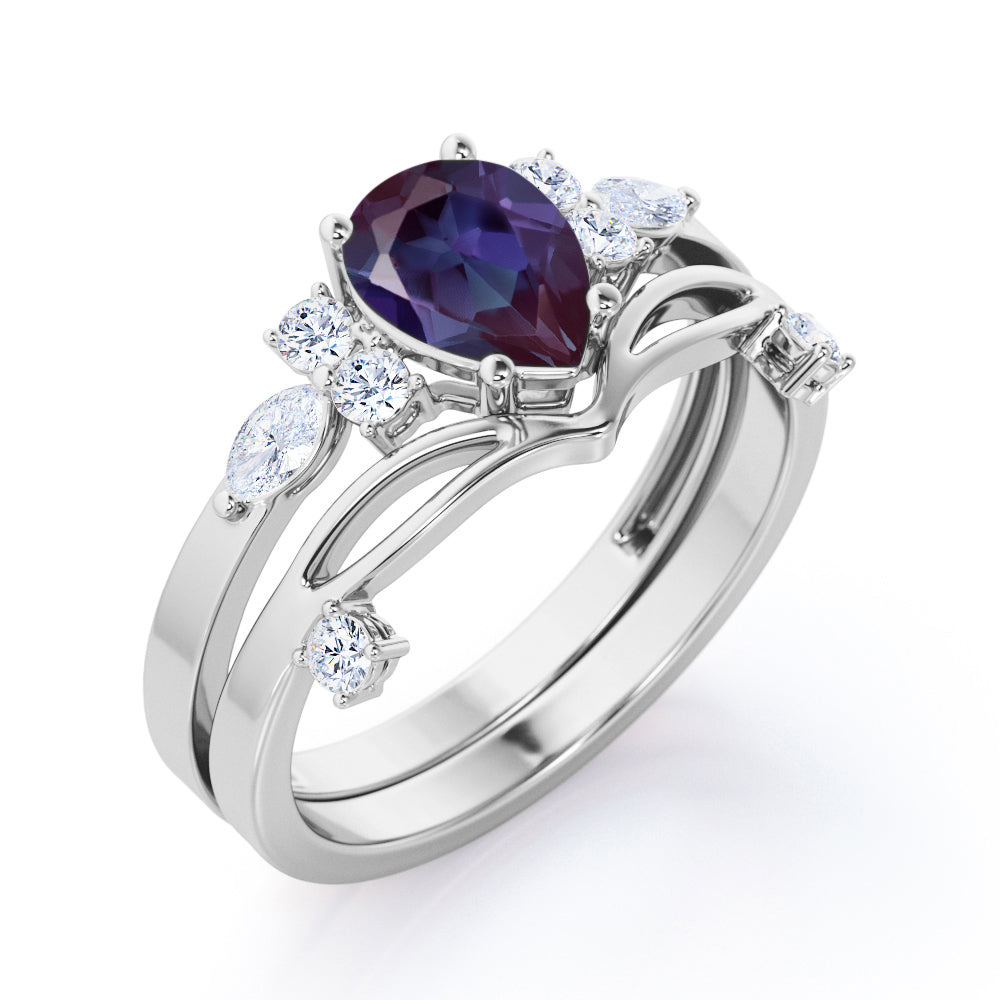 Crown inspired 1.15 carat Pear shaped Synthetic Alexandrite and diamond split shank setting-chevron wedding ring set in Rose gold