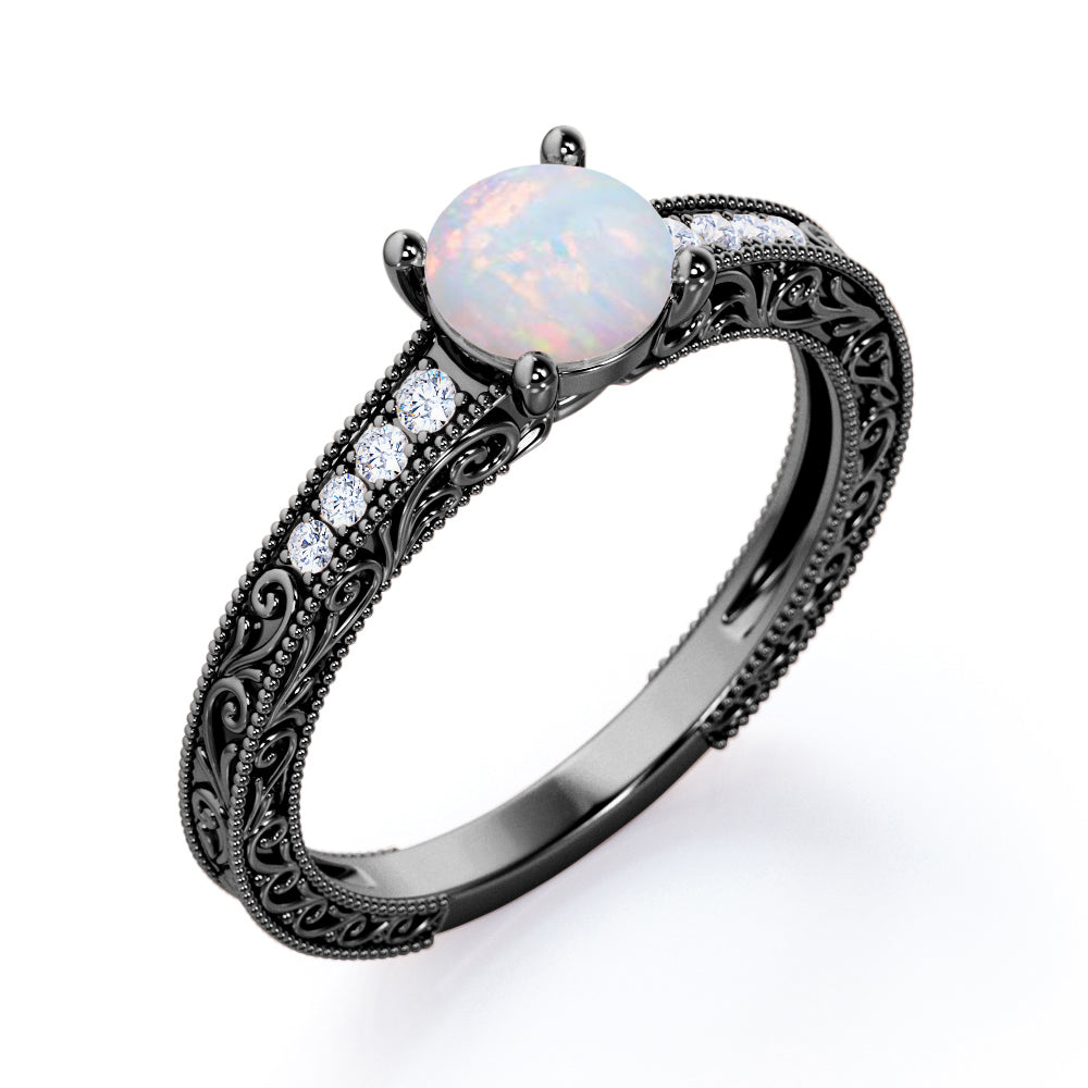 Vintage Edwardian style 1.1 carat Round cut Australian Boulder Opal and diamond filigree and milgrain engagement ring in White gold