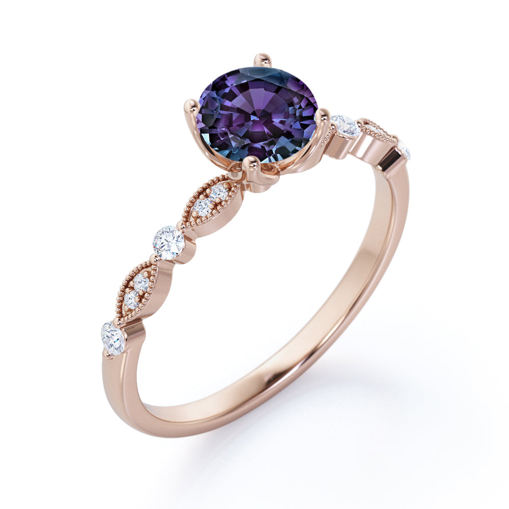 Authentic 1.1 carat Round cut Lab made Alexandrite and diamond-Milgrain-classic prong engagement ring in White gold
