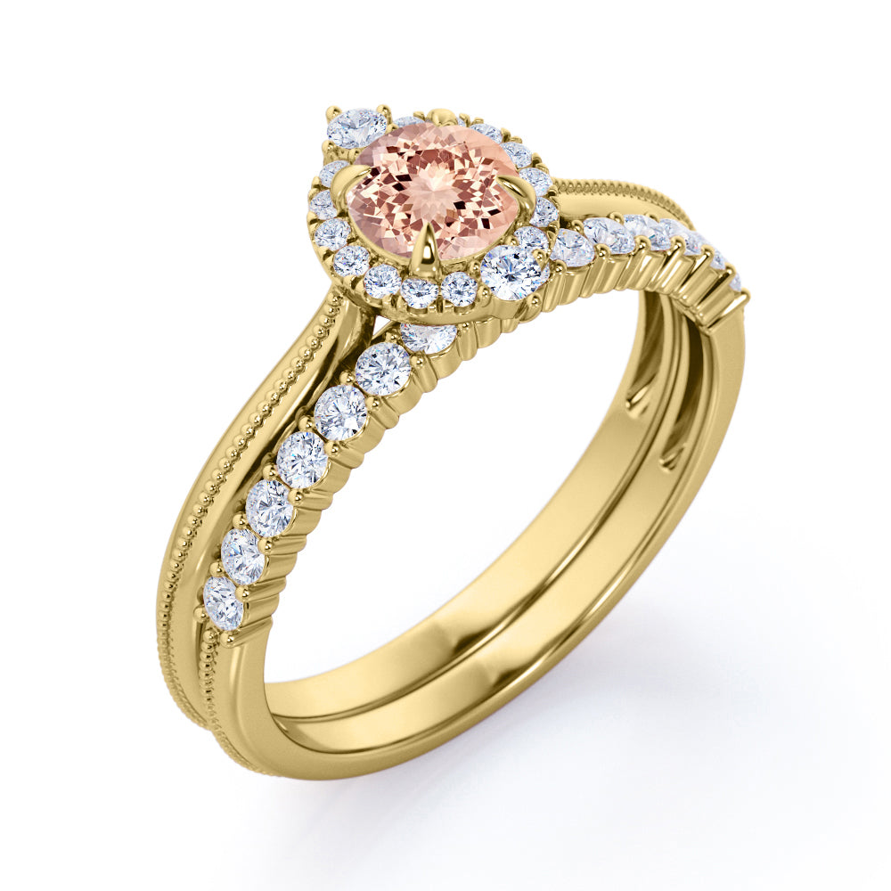 Distinctive halo 1.45 carat Round cut Pink Morganite and diamond Milgrain border engagement ring and bar set wedding band - Bridal wedding set