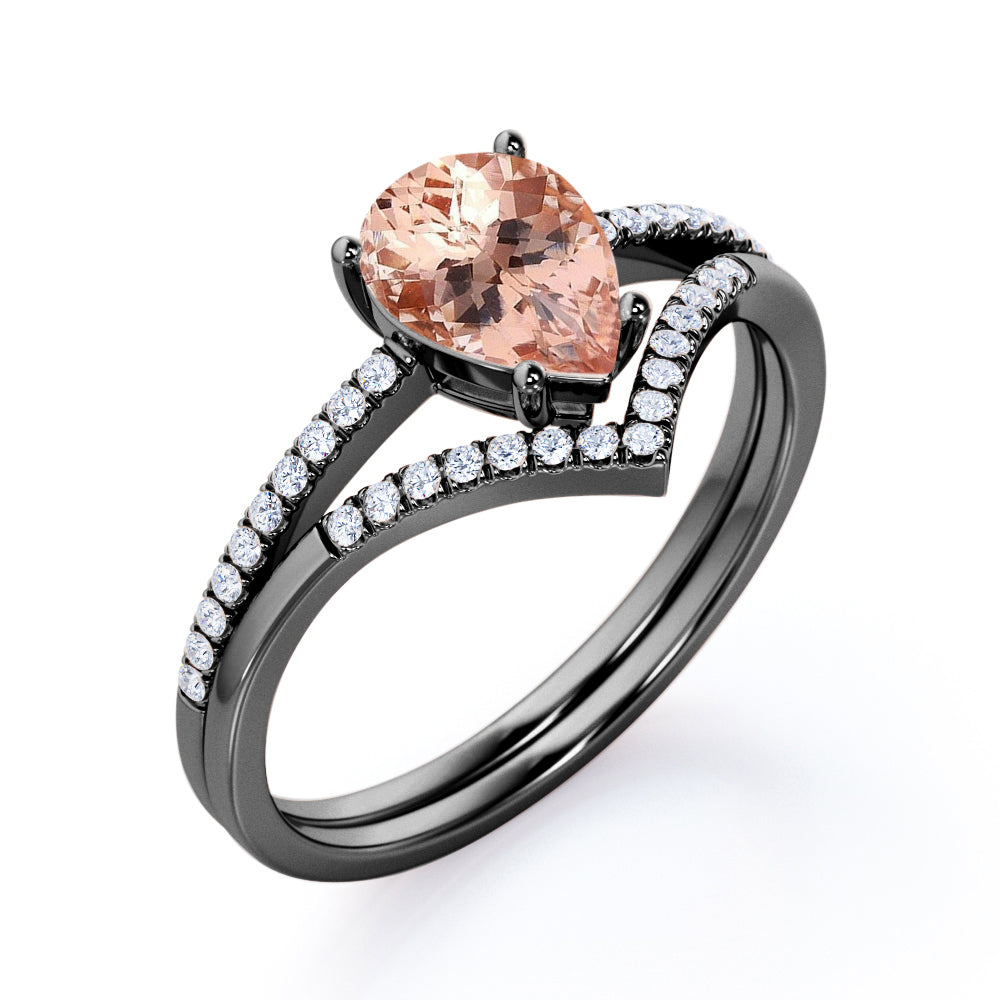 Perfect Chevron 1.5 carat Pear Shaped Morganite and diamond wedding ring set for women in Rose gold