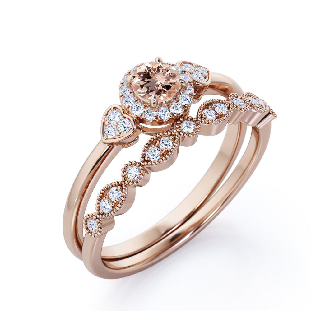 Heart Halo 0.8 carat Round cut Morganite and diamond art deco inspired wedding ring set in Yellow gold