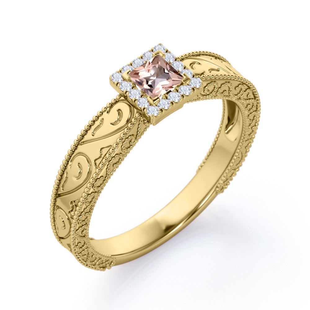 Authentic Edwardian style 0.75 carat Princess cut Pink Morganite and diamond square halo engagement ring in Rose gold