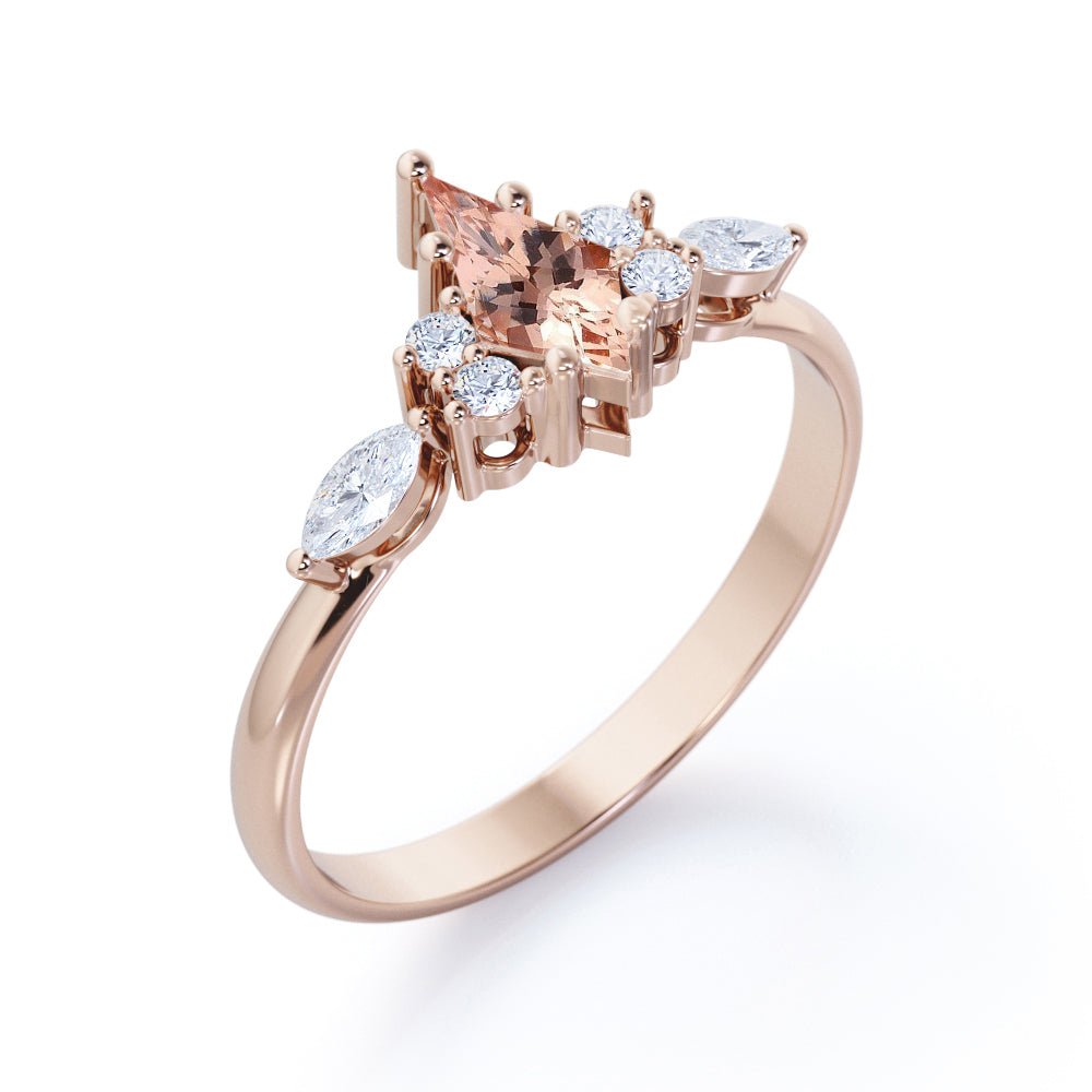 Trendy 1.25 carat Kite shaped Morganite and diamond button prong setting-seven stone promise ring for women in White gold