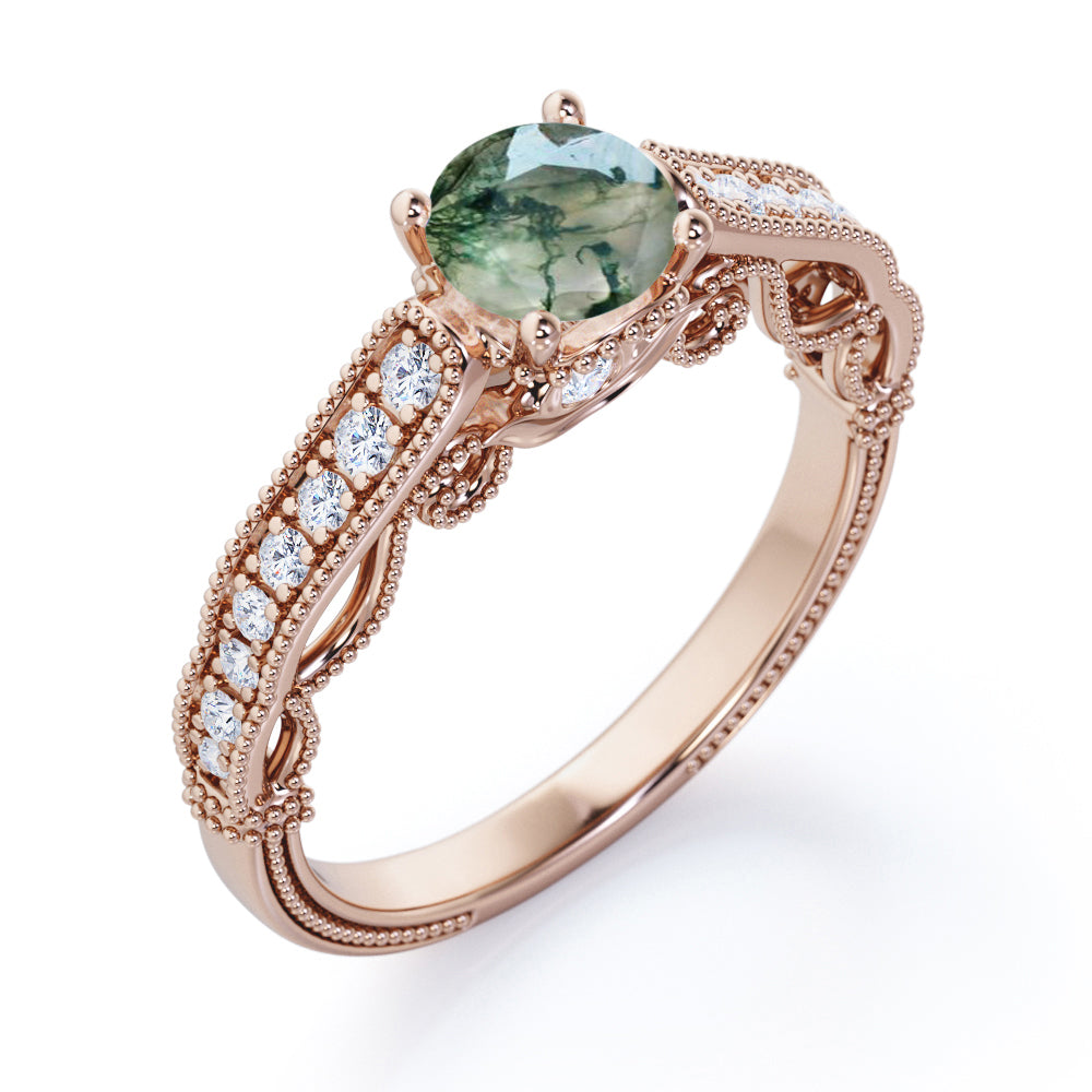 Victorian inspired filigree 1.25 carat Round cut Moss Green Agate and diamond milgrain engagement ring in Black gold