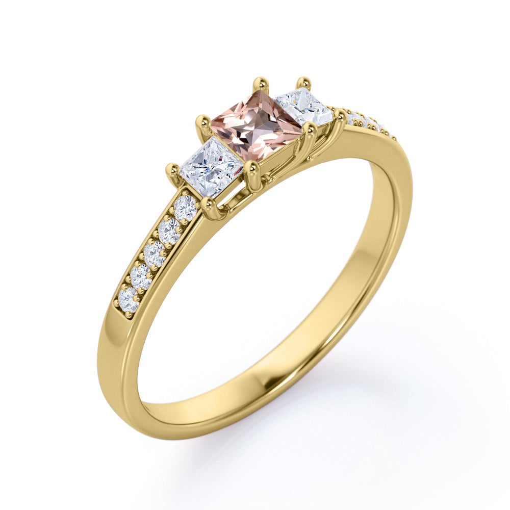 Channel set 0.75 carat Princess cut Morganite and diamond past present future engagement ring in White gold