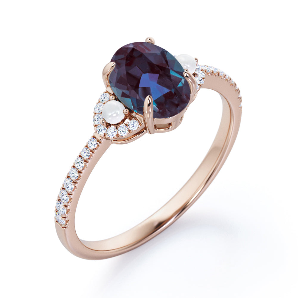 Crescent bands 1.5 carat Oval shaped Synthetic Alexandrite, diamonds and pearl engagement ring in White gold