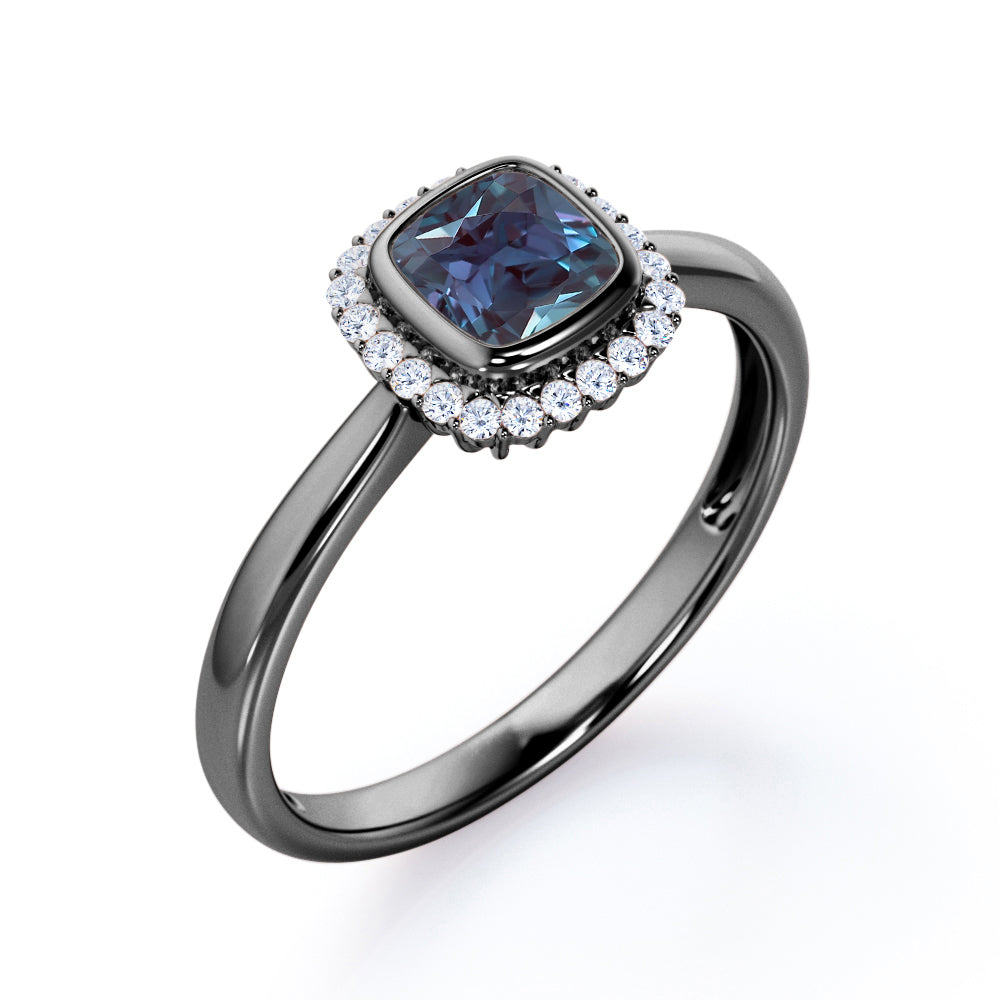 Vintage Floral 1.25 carat Cushion cut Lab made Alexandrite and diamond halo style engagement ring in White gold