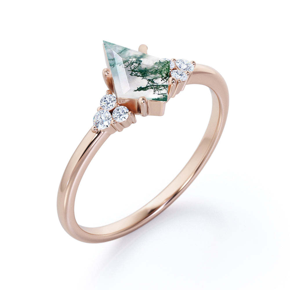 Elegant 1.1 carat Kite shaped Moss Green Agate and diamond 7 stone engagement ring in Black gold