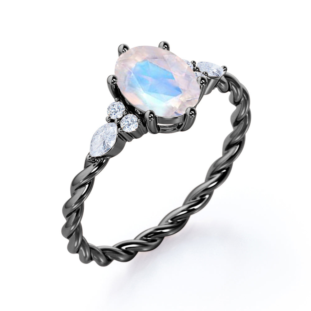 Vintage Braided 1.1 carat Oval cut Rainbow Moonstone and diamond infinity style engagement ring in Rose gold
