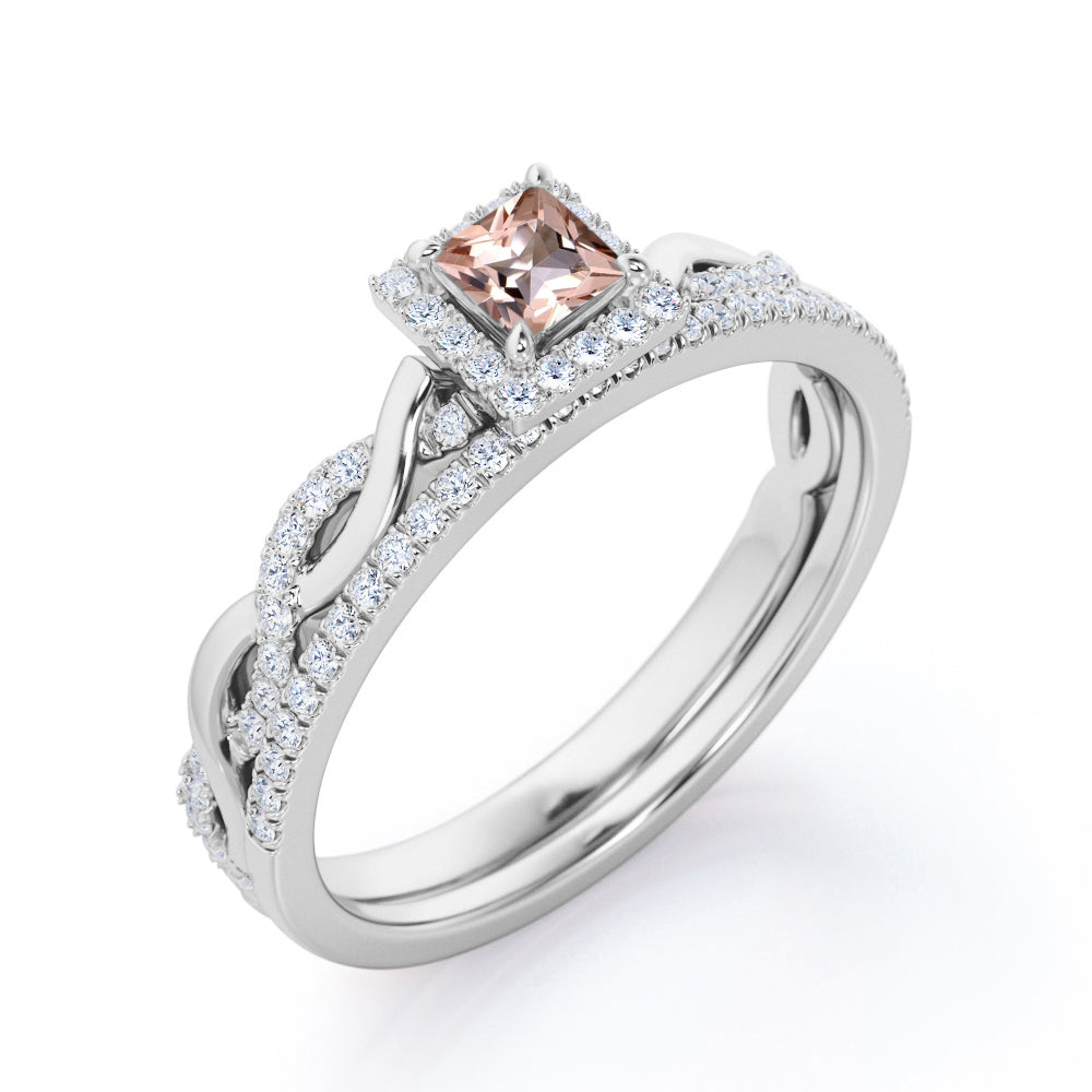 Unique Snake Twists 1 carat Princess cut Natural Morganite and diamond pave setting wedding ring set for women in Rose gold