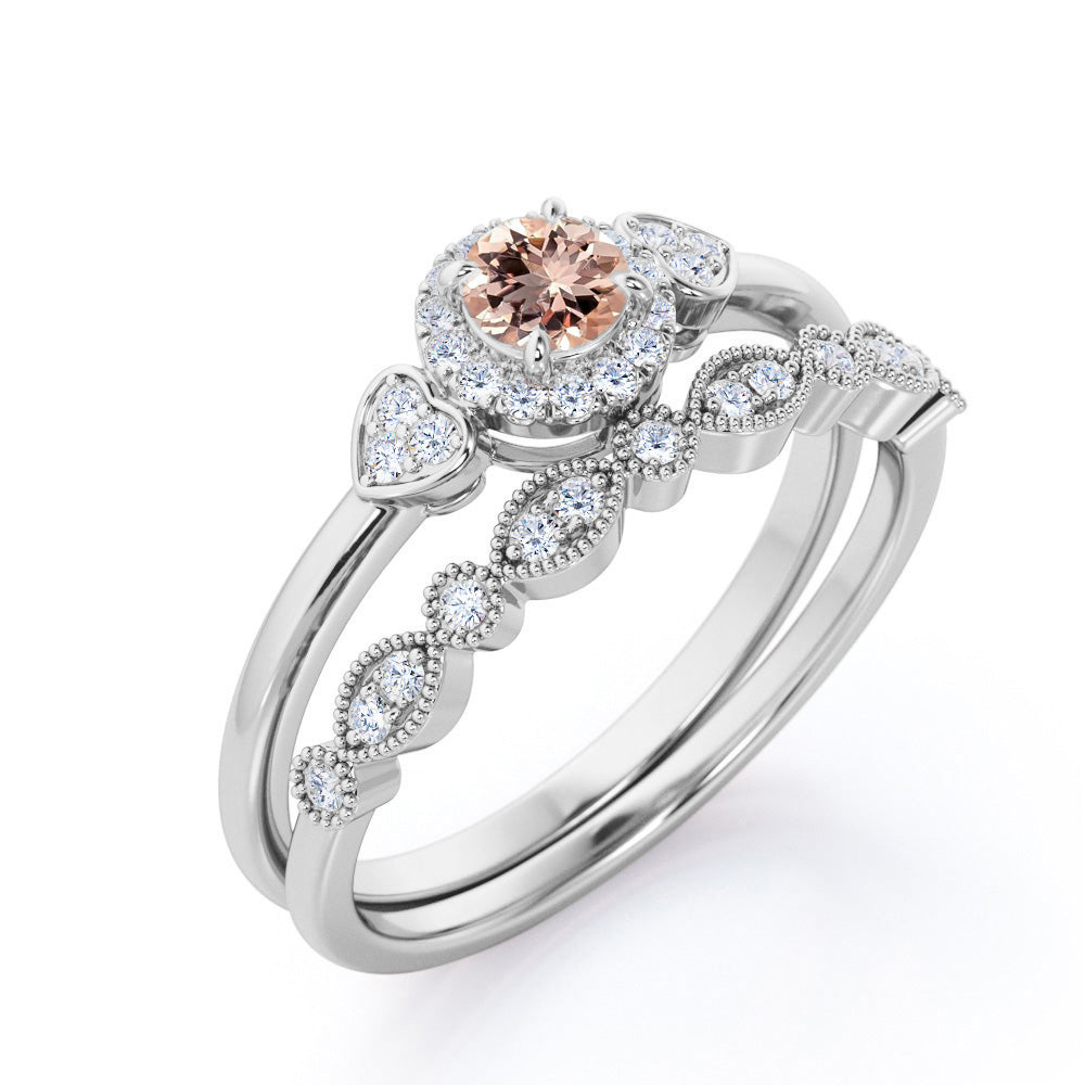 Heart Halo 0.8 carat Round cut Morganite and diamond art deco inspired wedding ring set in Yellow gold