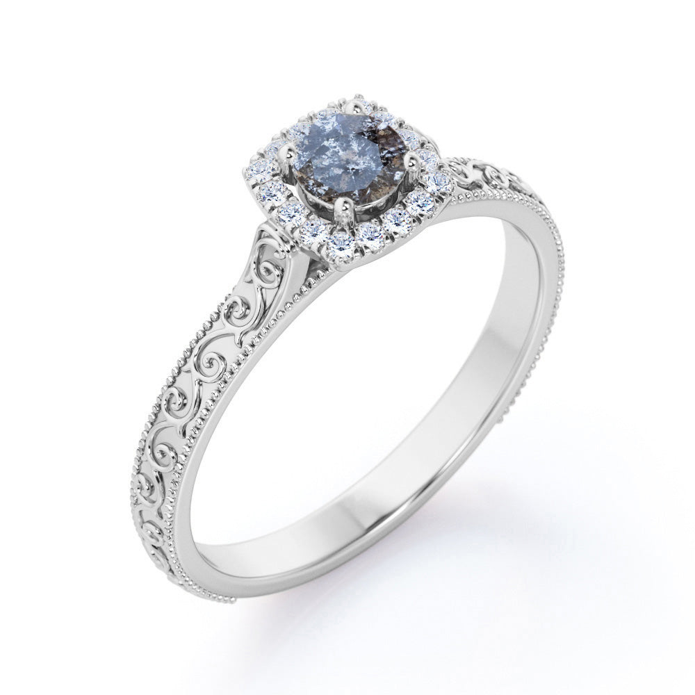 Victorian halo 0.65 carat Round cut Salt and pepper diamond and White diamond anniversary ring for her in yellow gold