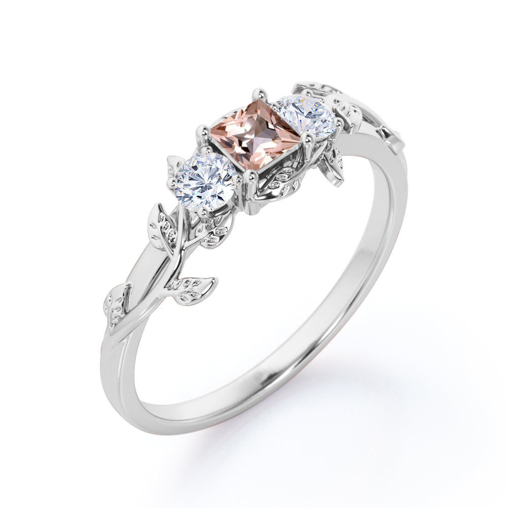 Tristone 1.1 carat Princess cut Morganite and round pave diamonds tree branch engagement ring in White gold