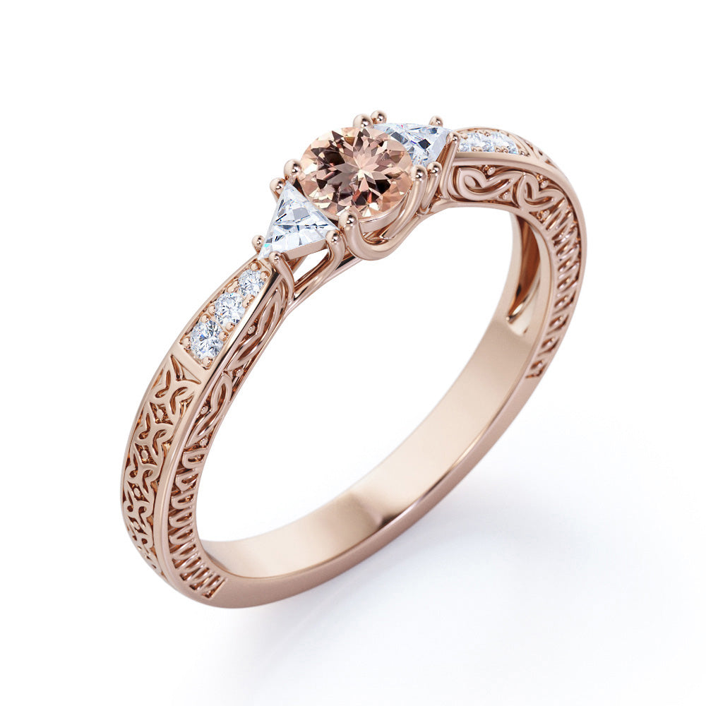 Trillion 0.75 carat Round cut Peach Morganite and diamond vintage baguette engagement ring in Yellow gold