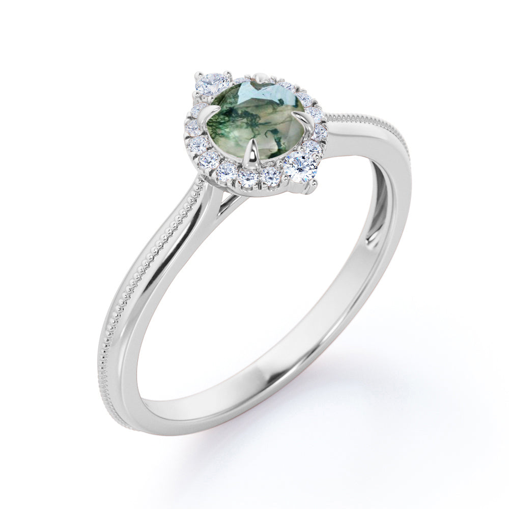 Milgrain Filled 0.75 Round cut Antique Pointed Halo Moss green Agate and diamond wedding ring set for women in gold