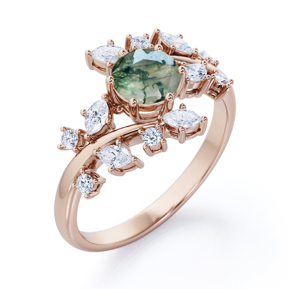 Floral Branch style 0.75 carat Round cut Moss Green Agate and diamond open style engagement ring in White gold
