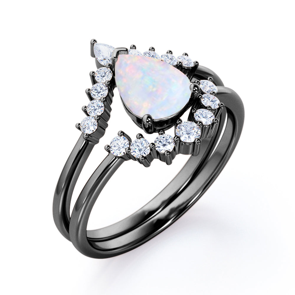 Royal Crown inspired 1.15 carat Pear cut Opal and diamond chevron wedding ring set for women in Rose gold