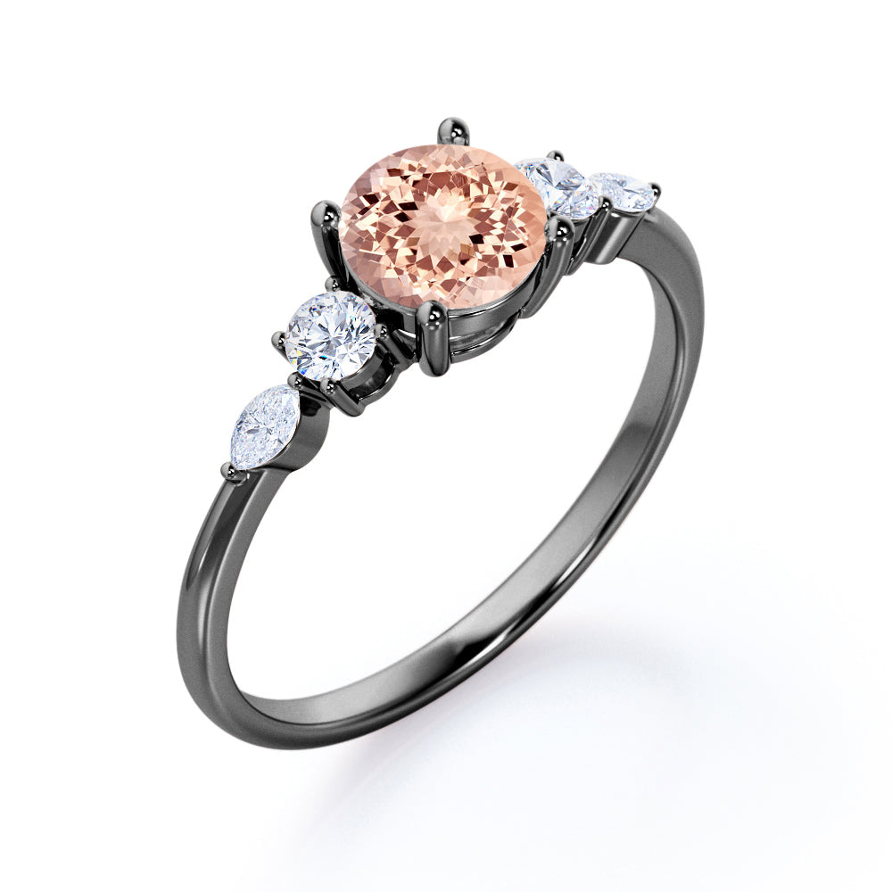 Traditional 1.1 carat Round cut Morganite and diamond five stone engagement ring in White gold