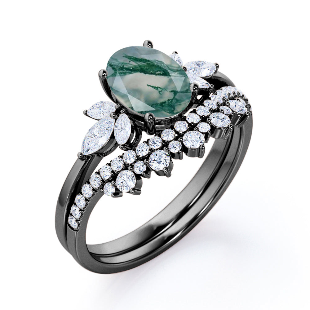 Authentic Royal Crown inspired 1.5 carat Oval cut Moss Green Agate and diamond contoured chevron Bridal set for her in White gold